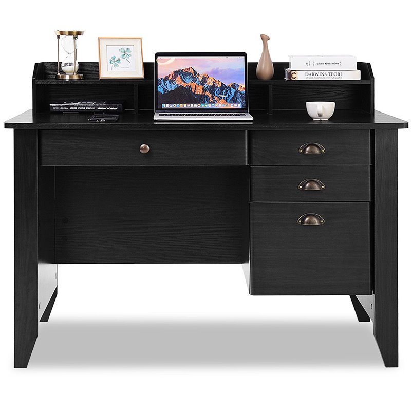 Pemberly Row Contemporary MDF Computer Desk with 3 Side Drawers in Black Finish