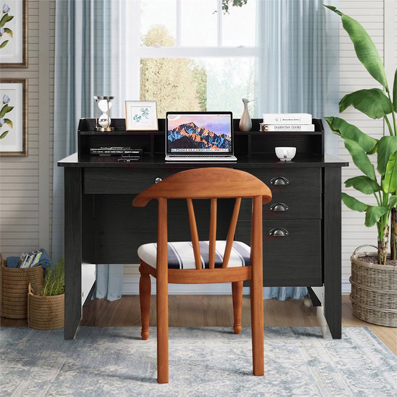 Pemberly Row Contemporary MDF Computer Desk with 3 Side Drawers in Black Finish