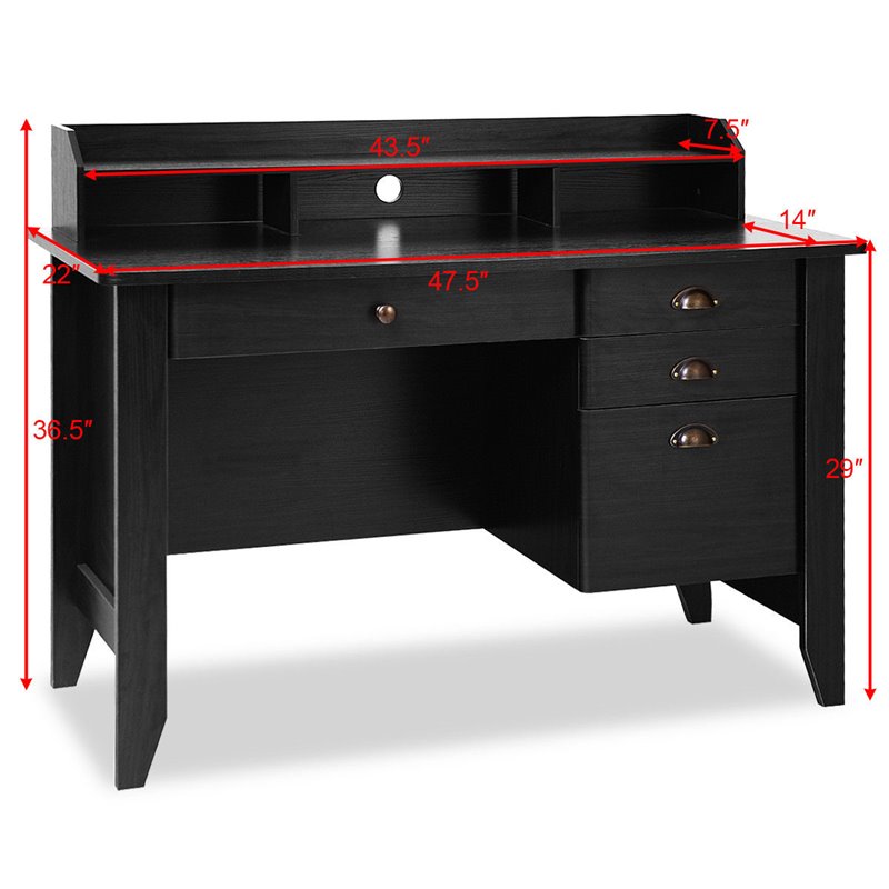 Pemberly Row Contemporary MDF Computer Desk with 3 Side Drawers in Black Finish