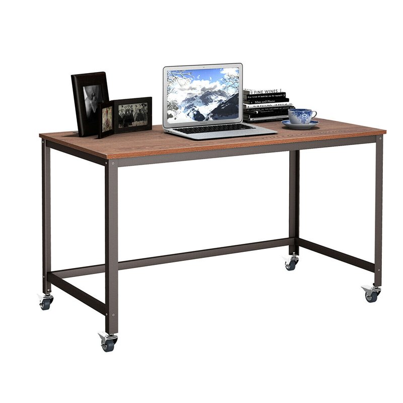 Pemberly Row Contemporary Particleboard and Steel Rolling Computer Desk in Brown
