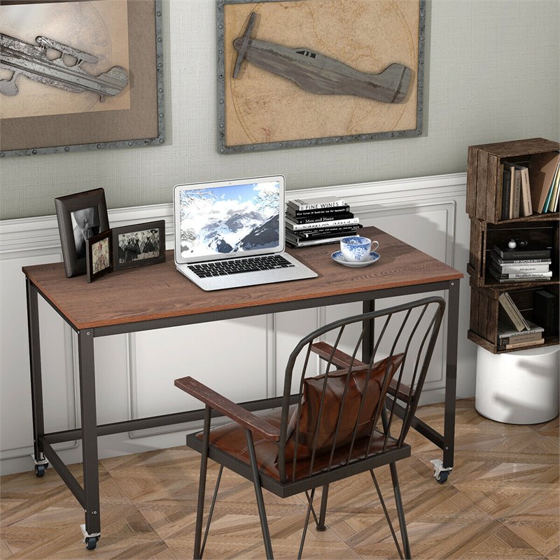 Pemberly Row Contemporary Particleboard and Steel Rolling Computer Desk in Brown
