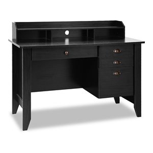 Pemberly Row Contemporary MDF Computer Desk with 3 Side Drawers in Black