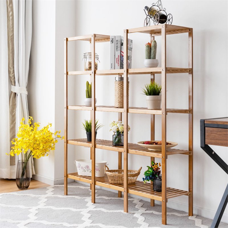 Pemberly Row Contemporary Bamboo Multifunctional Shelf w/ 11 Lattices in Natural
