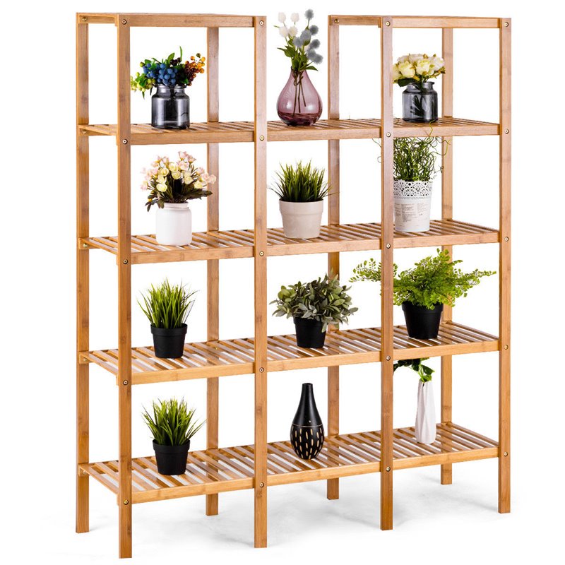 Pemberly Row Contemporary Bamboo Multifunctional Shelf w/ 11 Lattices in Natural