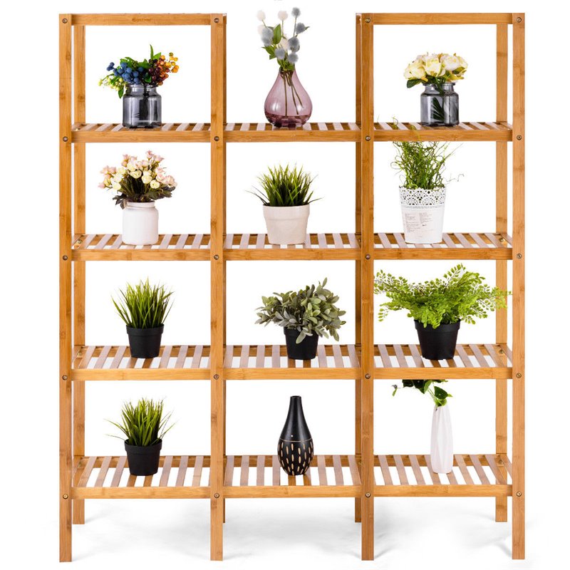 Pemberly Row Contemporary Bamboo Multifunctional Shelf w/ 11 Lattices in Natural