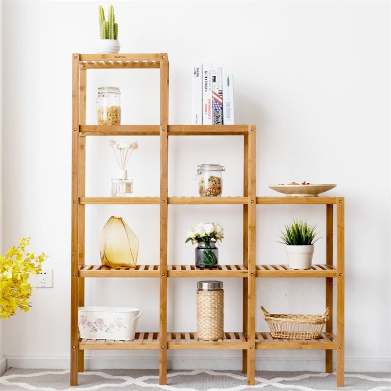 Pemberly Row Contemporary Bamboo Multifunctional Shelf with 12 Pots in Natural