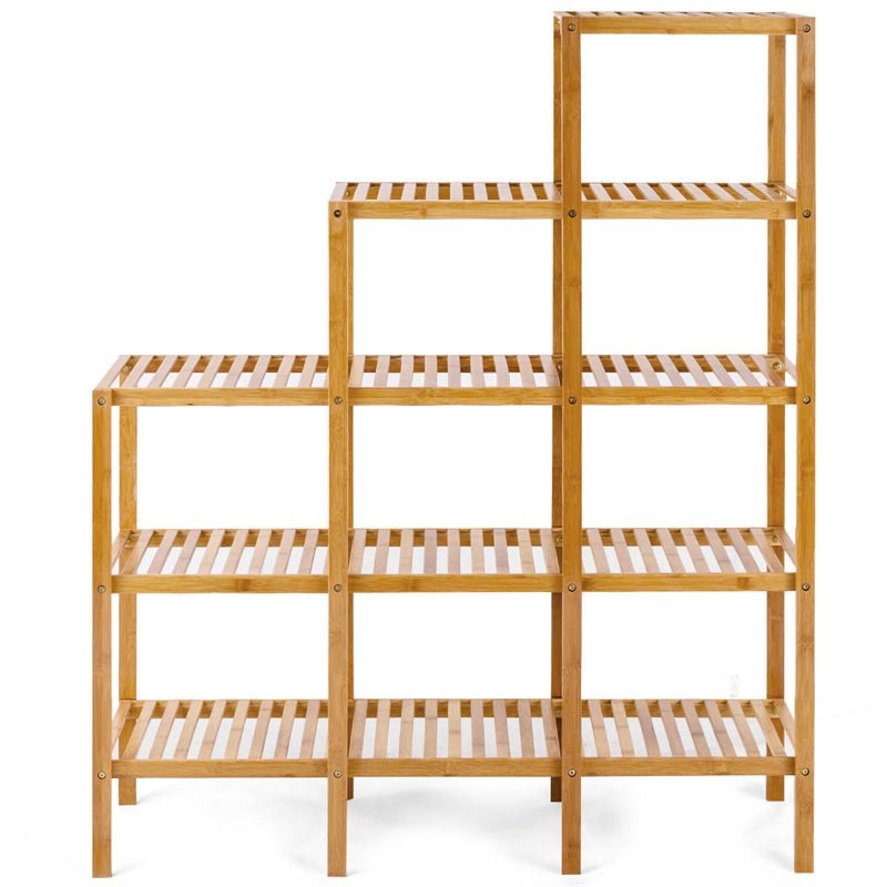 Pemberly Row Contemporary Bamboo Multifunctional Shelf with 12 Pots in Natural