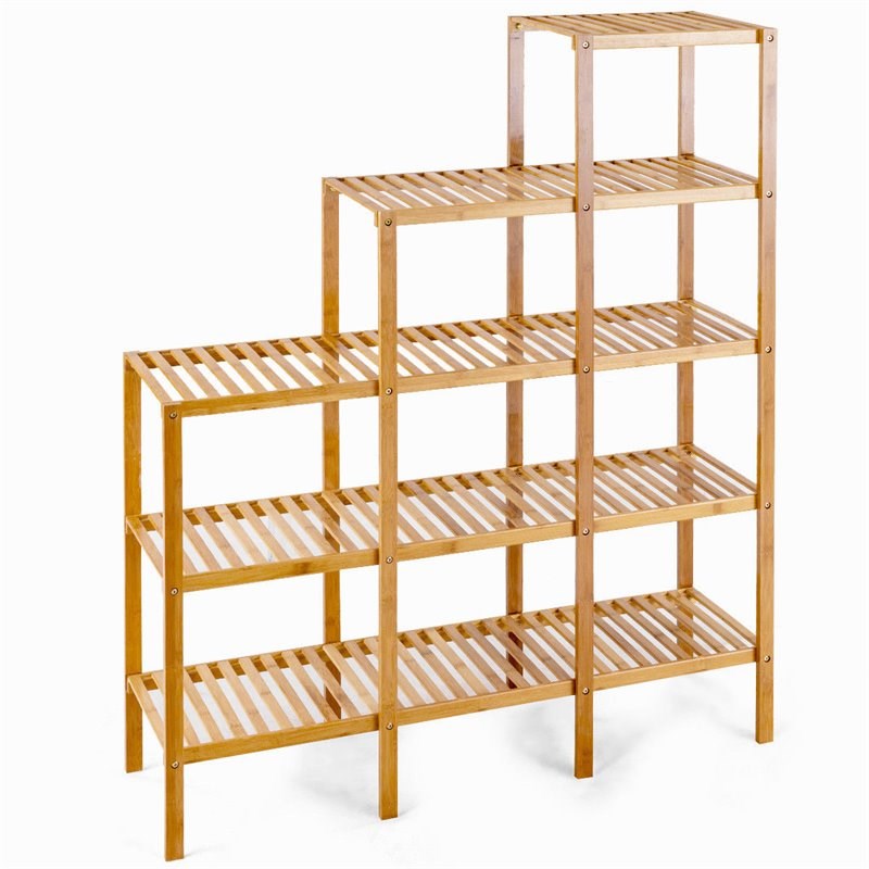 Pemberly Row Contemporary Bamboo Multifunctional Shelf with 12 Pots in Natural