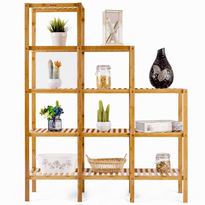Pemberly Row Contemporary Bamboo Multifunctional Shelf with 12 Pots in Natural