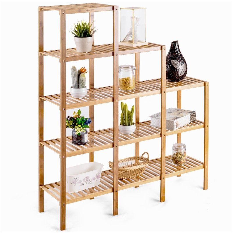 Pemberly Row Contemporary Bamboo Multifunctional Shelf with 12 Pots in Natural