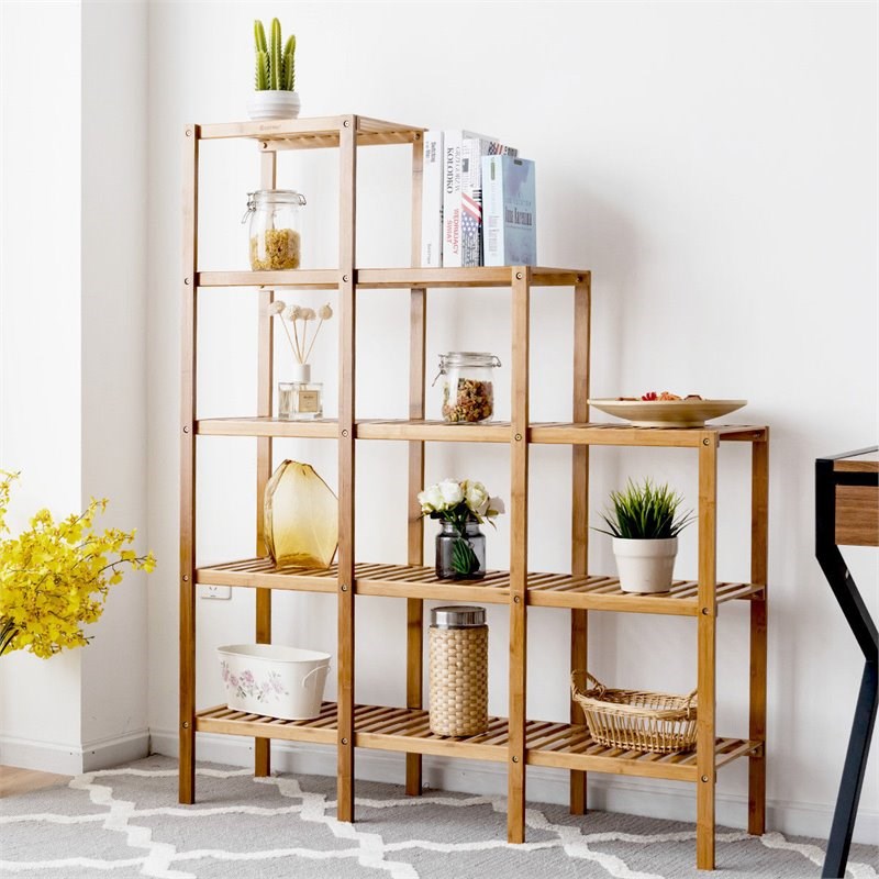 Pemberly Row Contemporary Bamboo Multifunctional Shelf with 12 Pots in Natural