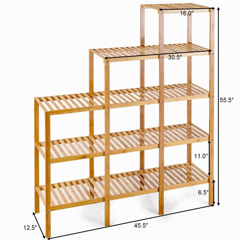 Pemberly Row Contemporary Bamboo Multifunctional Shelf with 12 Pots in Natural