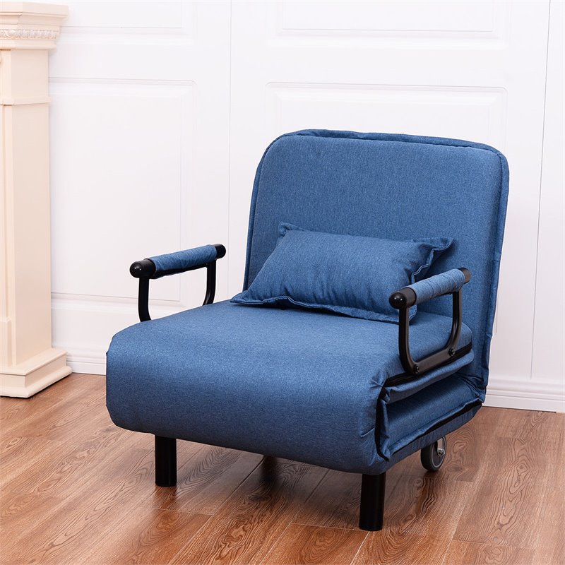 Pemberly Row Polyester and Steel Convertible Sofa Bed with Cushion in Blue