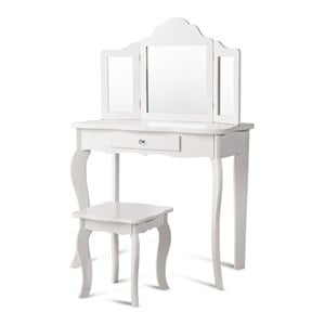 Pemberly Row Contemporary MDF and Mirror Makeup Desk Vanity Set in White