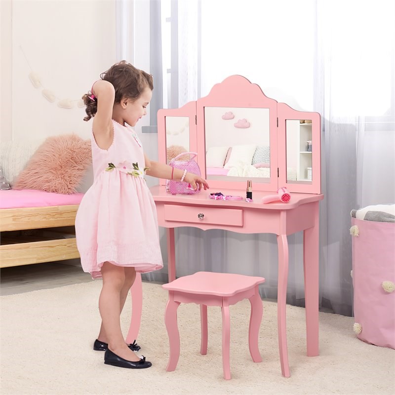 Pemberly Row MDF and Mirror For Girls Kids Vanity with Table and Stool in Pink