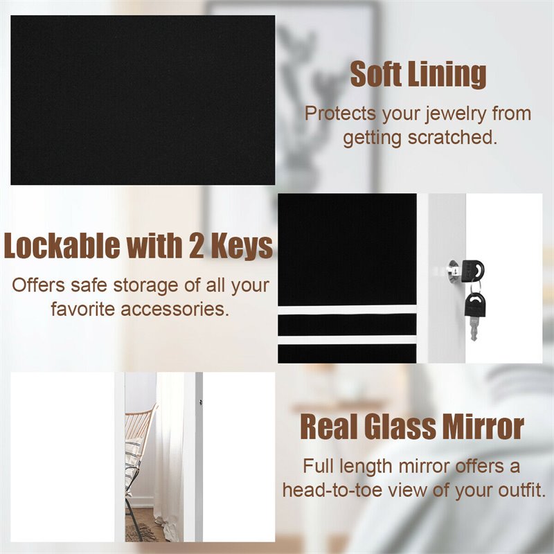 Pemberly Row Wall Door Mounted LED Lights Mirrored Jewelry Cabinet in White