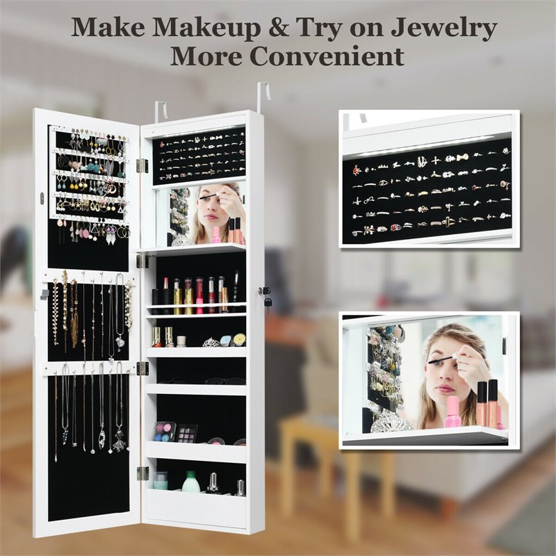 Pemberly Row Wall Door Mounted LED Lights Mirrored Jewelry Cabinet in White