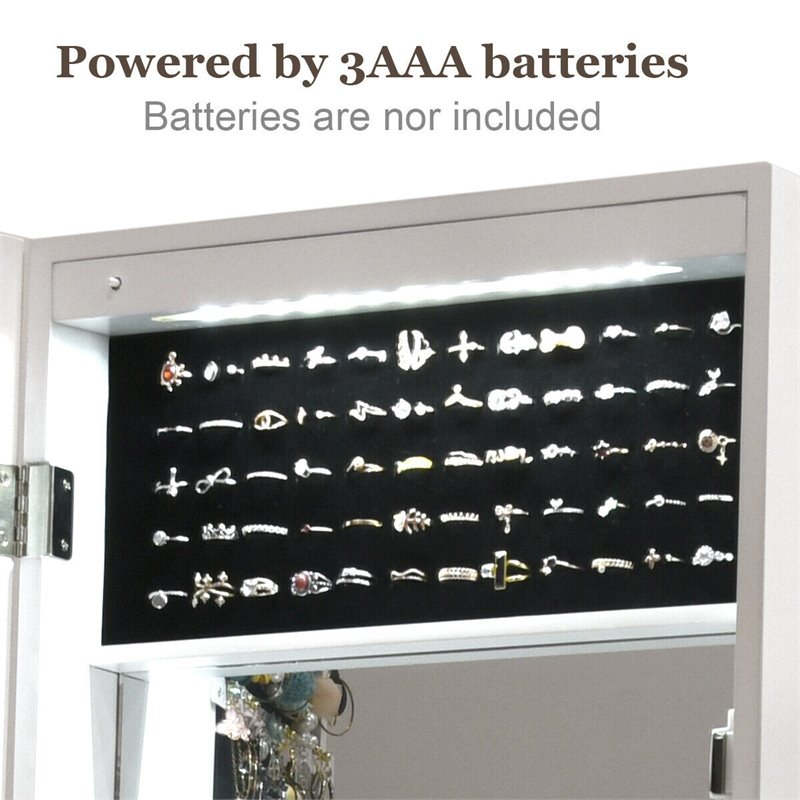 Pemberly Row Wall Door Mounted LED Lights Mirrored Jewelry Cabinet in White