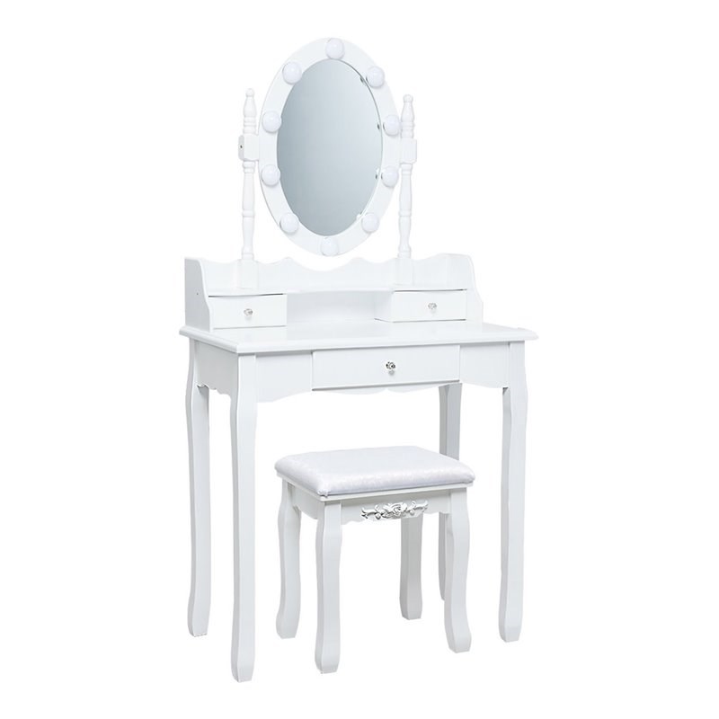 Pemberly Row MDF Vanity Dressing Table Set with 2 Side Drawers in White