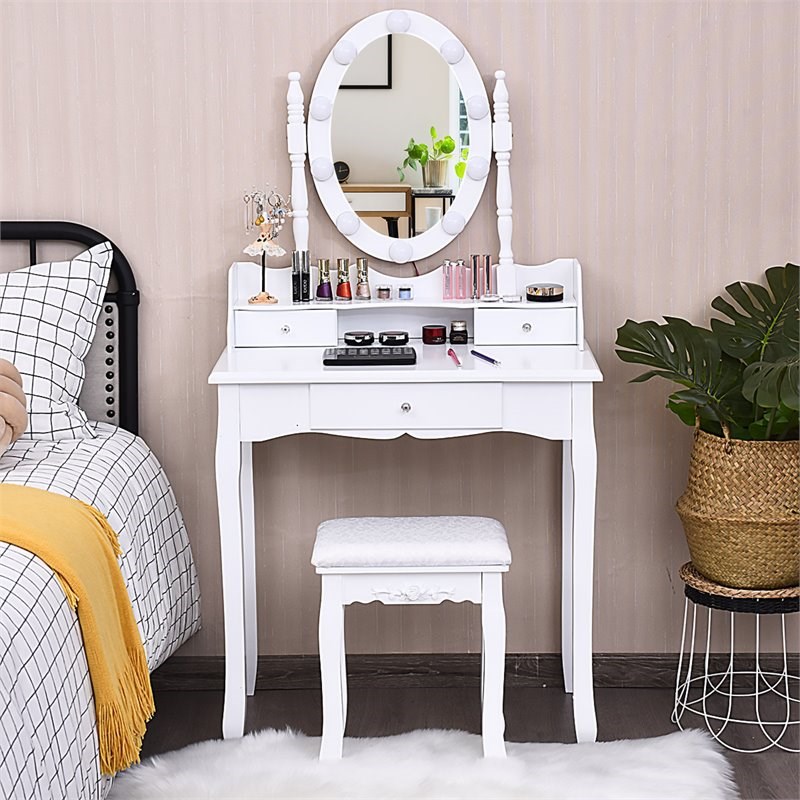 Pemberly Row MDF Vanity Dressing Table Set with 2 Side Drawers in White