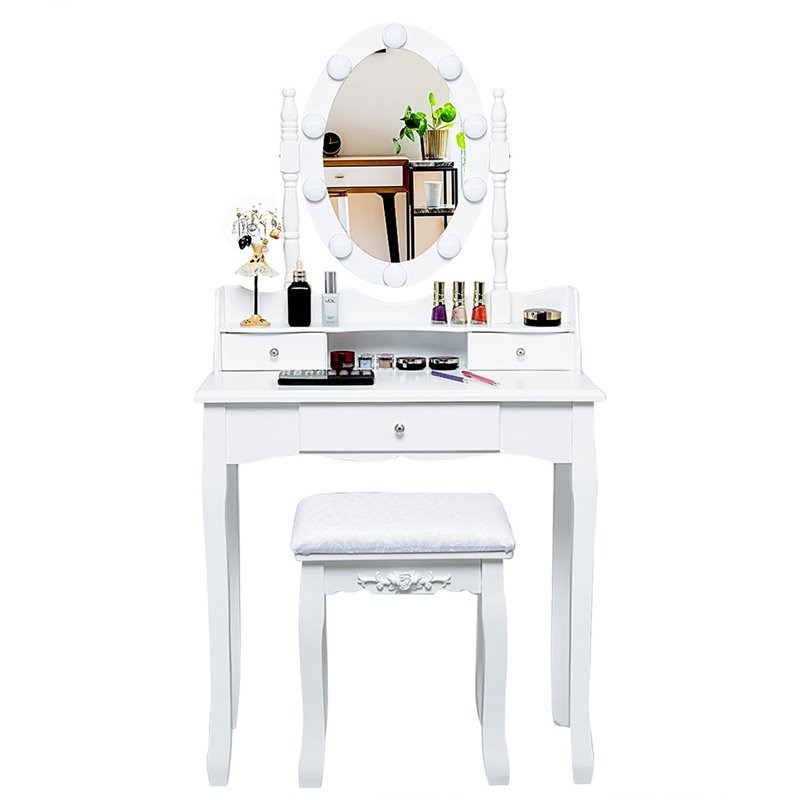 Pemberly Row MDF Vanity Dressing Table Set with 2 Side Drawers in White