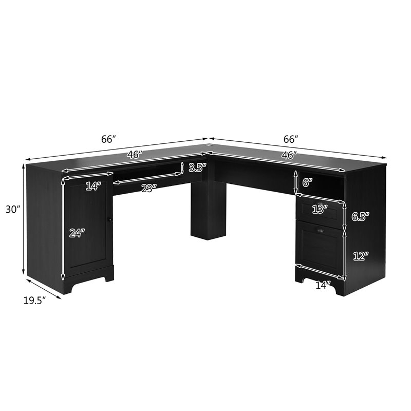 Pemberly Row L-Shaped MDF Corner Computer Desk with Drawers in Black