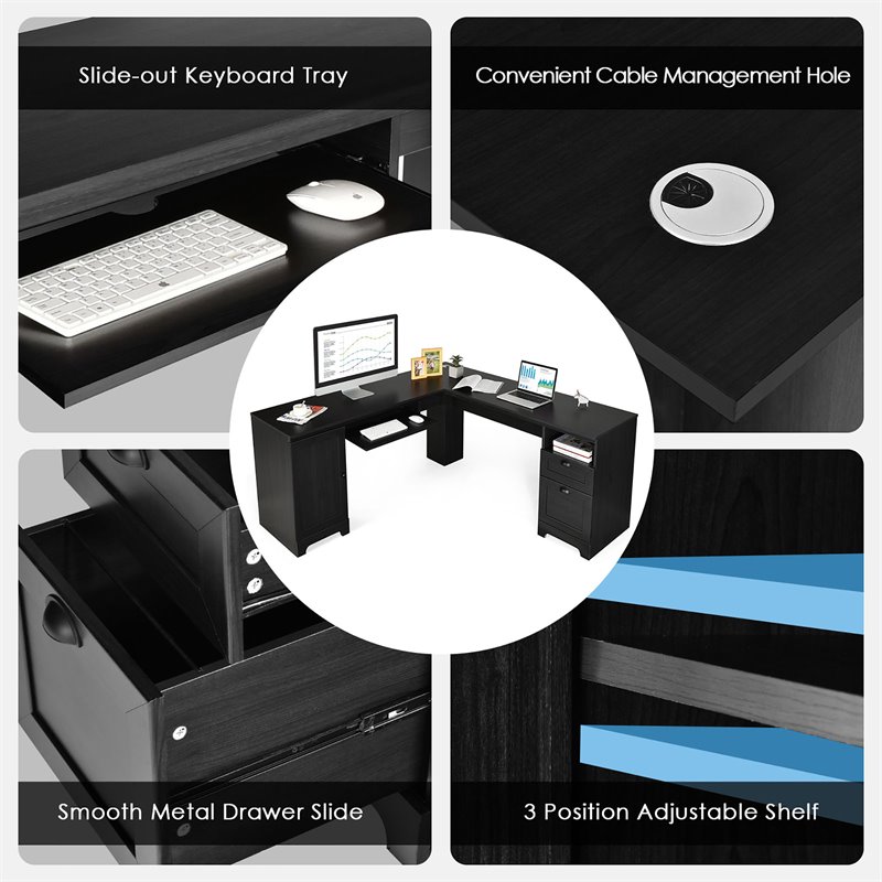 Pemberly Row L-Shaped MDF Corner Computer Desk with Drawers in Black