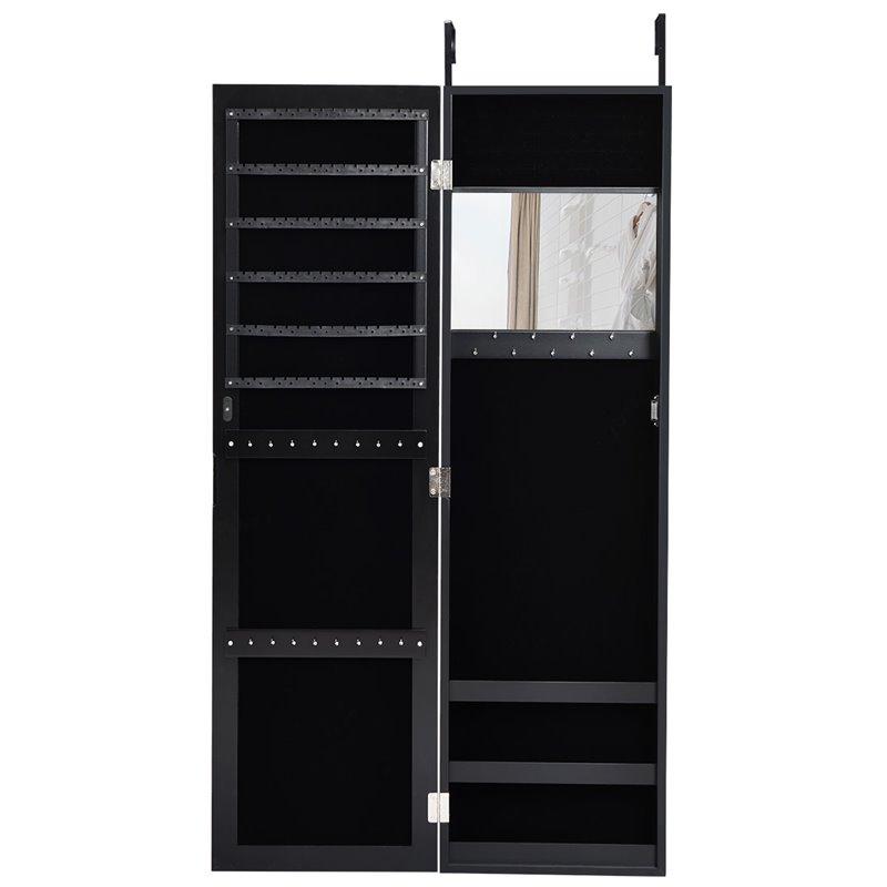 Pemberly Row MDF Board Wall/Door Mounted Mirrored Jewelry Cabinet in Black