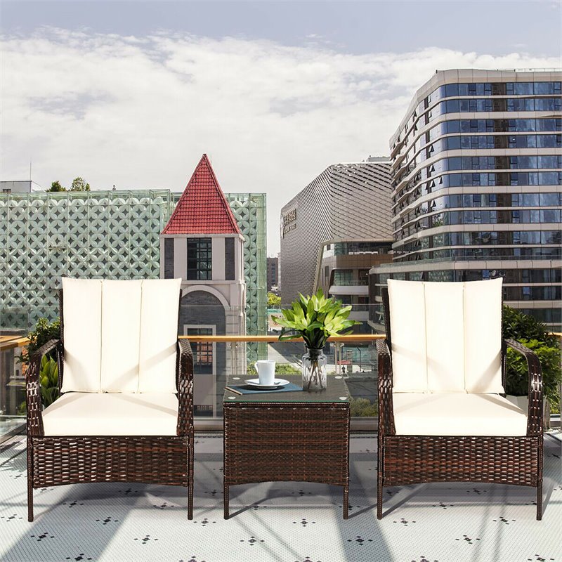 Pemberly Row 3-piece Rattan Patio Furniture Set with White Cushion in Mix Brown