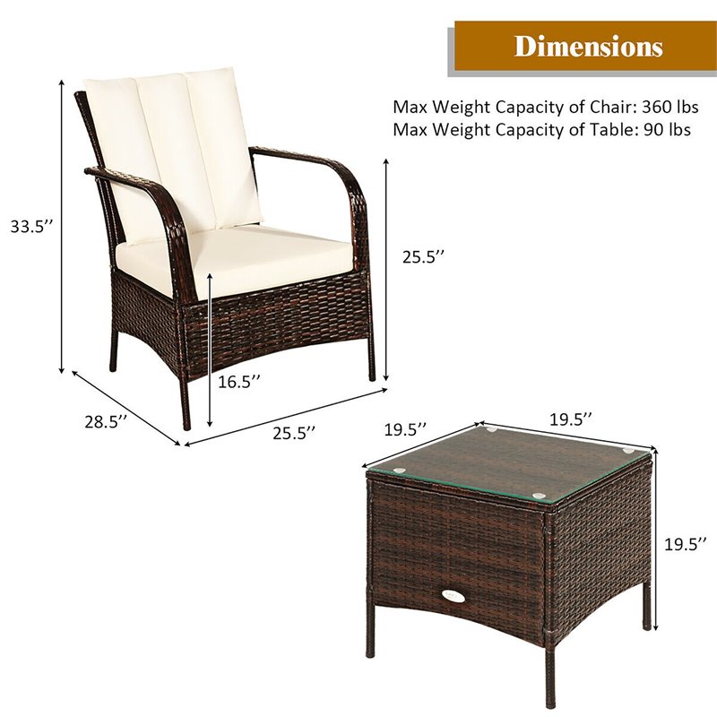 Pemberly Row 3-piece Rattan Patio Furniture Set with White Cushion in Mix Brown