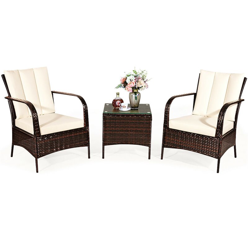 Pemberly Row 3-piece Rattan Patio Furniture Set with White Cushion in Mix Brown