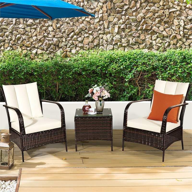 Pemberly Row 3-piece Rattan Patio Furniture Set with White Cushion in Mix Brown