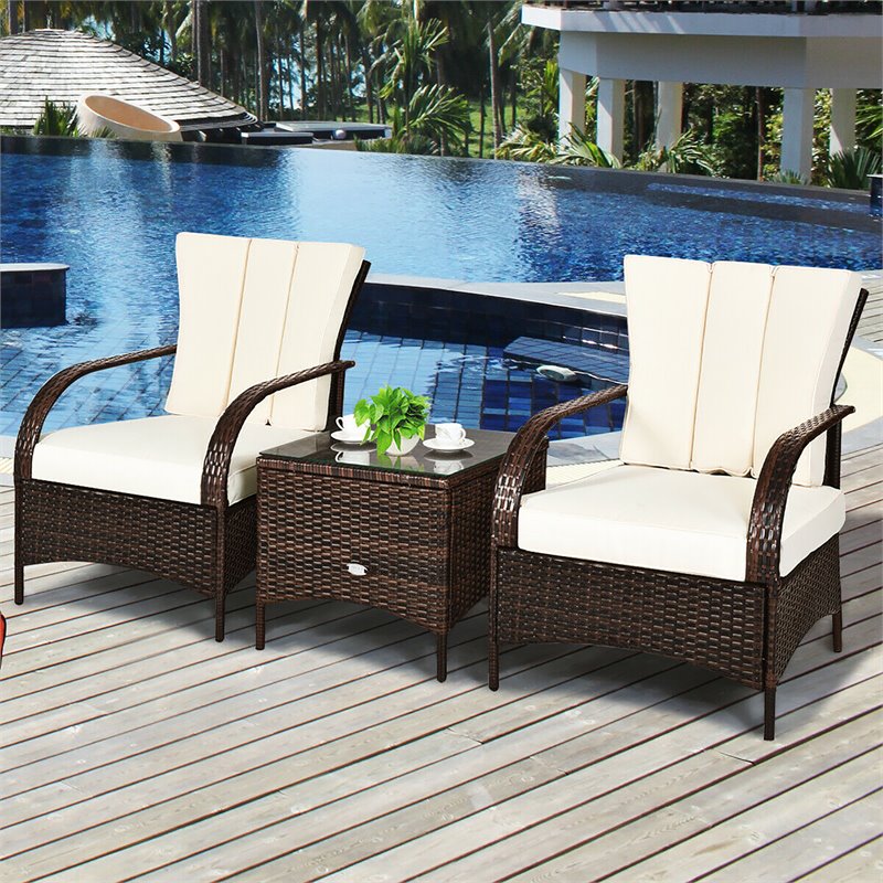 Pemberly Row 3-piece Rattan Patio Furniture Set with White Cushion in Mix Brown