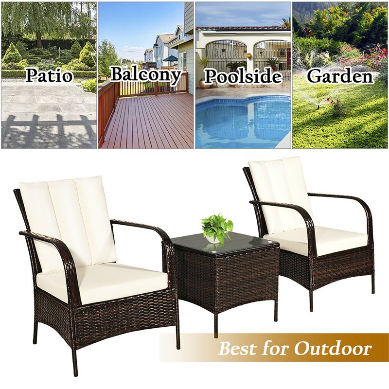 Pemberly Row 3-piece Rattan Patio Furniture Set with White Cushion in Mix Brown