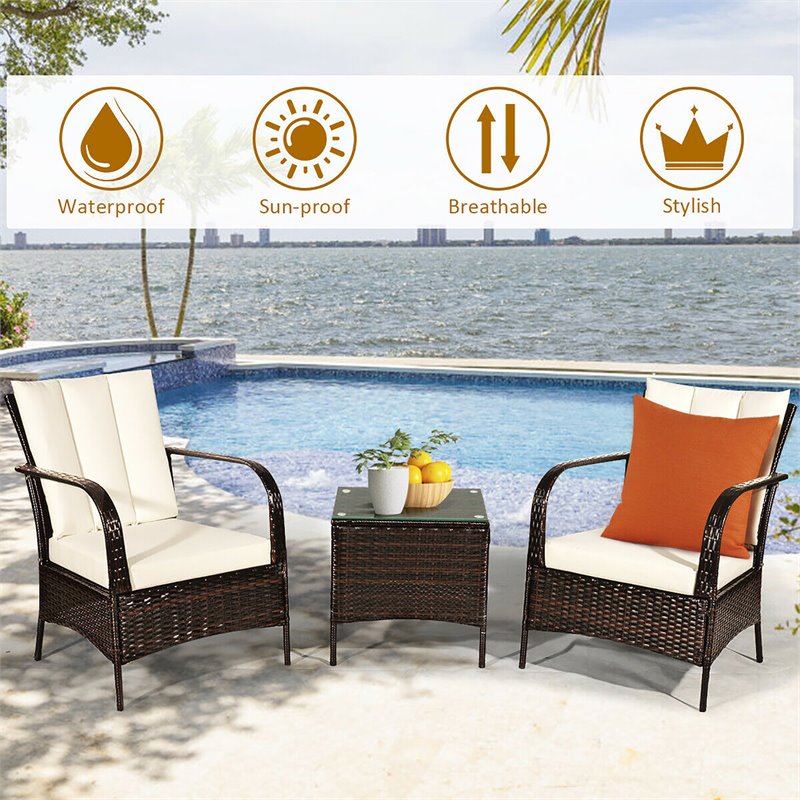 Pemberly Row 3-piece Rattan Patio Furniture Set with White Cushion in Mix Brown