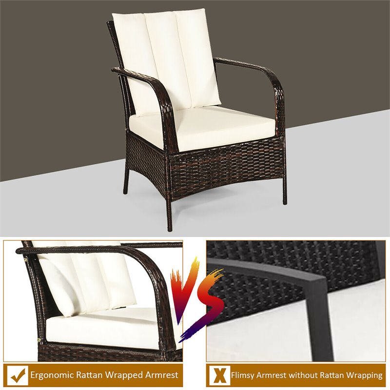 Pemberly Row 3-piece Rattan Patio Furniture Set with White Cushion in Mix Brown