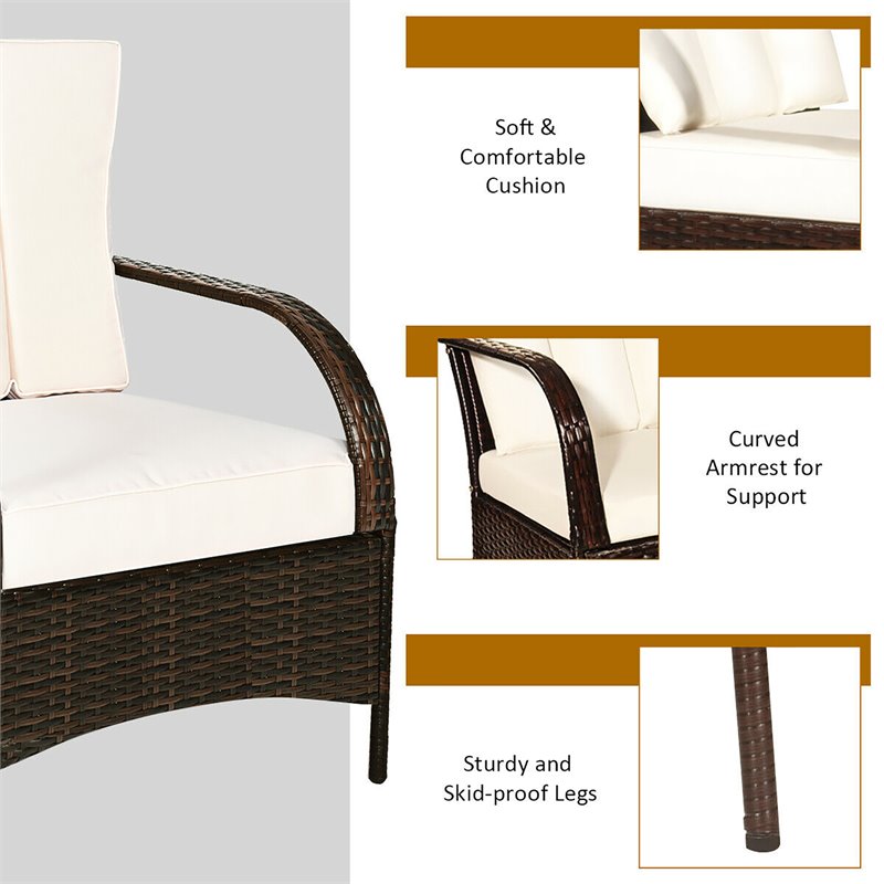Pemberly Row 3-piece Rattan Patio Furniture Set with White Cushion in Mix Brown