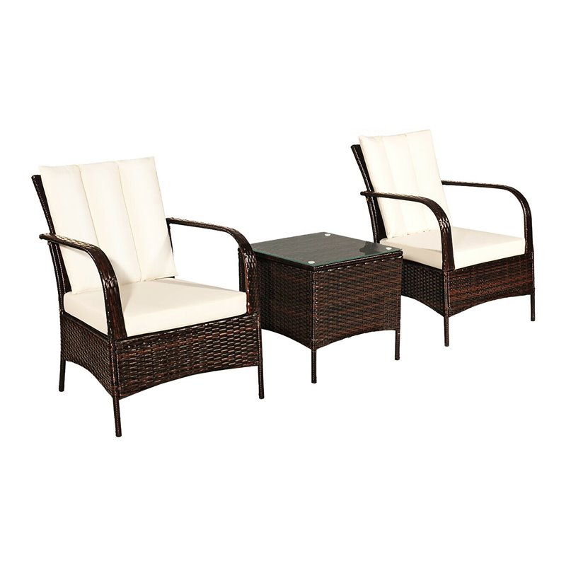 Pemberly Row 3-piece Rattan Patio Furniture Set with White Cushion in Mix Brown