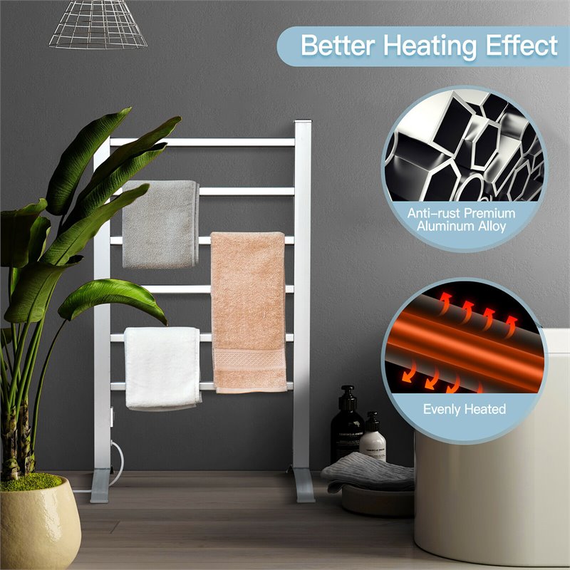 Pemberly Row Aluminum Freestanding/Wall Mounted Electric Towel Rail Rack-Silver