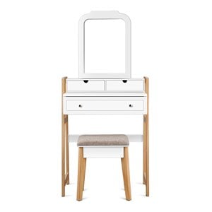 Pemberly Row Contemporary MDF and Wood Makeup Vanity Set in White and Natural