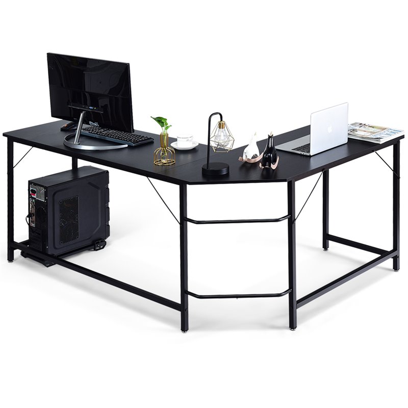 Pemberly Row Iron L-Shaped Corner Computer Desk w/ Adjustable Leg Pads in Black