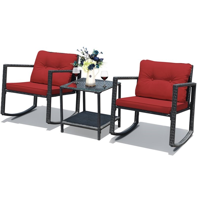 Pemberly Row 3-piece Steel and Rattan Patio Rocking Chair Set in Red