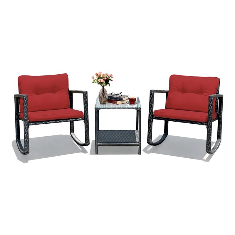 Pemberly Row 3-piece Steel and Rattan Patio Rocking Chair Set in Red