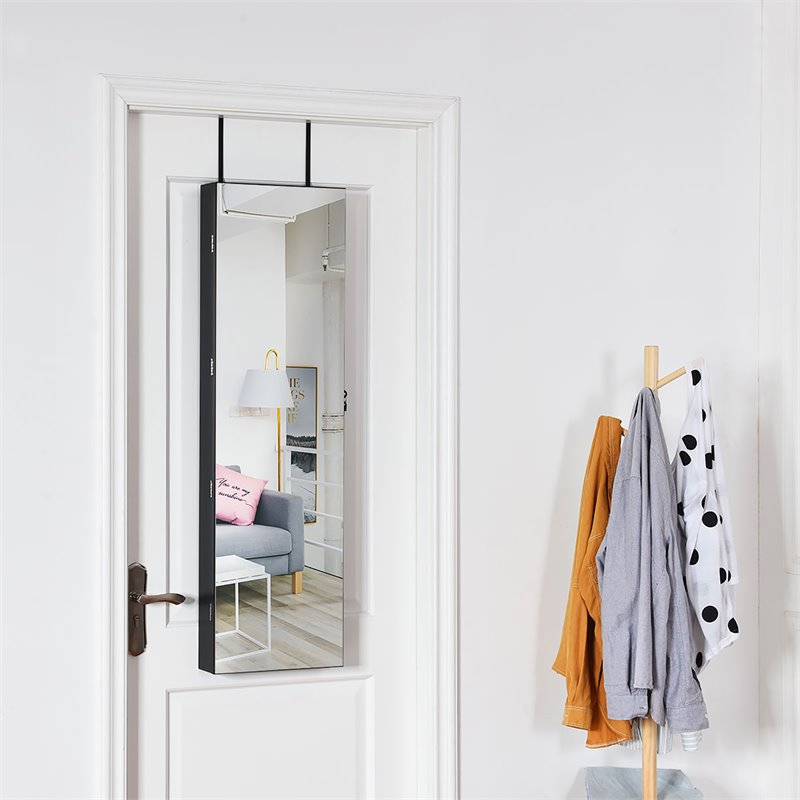 Pemberly Row Wall/Door Mounted Full-length Mirror Jewelry Cabinet in Black