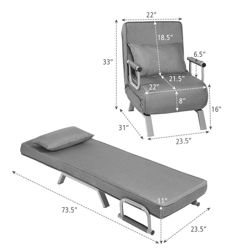 Pemberly Row Metal and Sponge 5-Position Folding Sleeper Bed with Pillow Gray