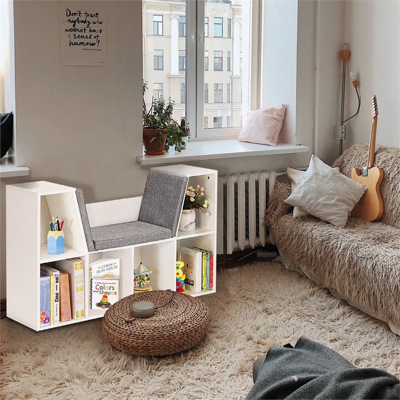 Pemberly Row Particle Board Multi-Purpose Kid Bookcase with 6 Cubby in White