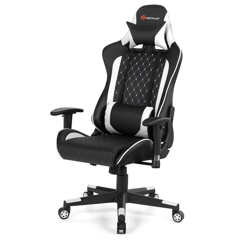 Pemberly Row PU Metal Massage Gaming Chair w/ Lumbar Support & Headrest in White