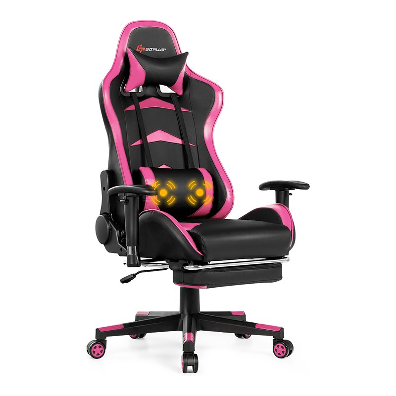 Pemberly Row Sponge and Metal Swivel Massage Gaming Chair with Footrest in Pink