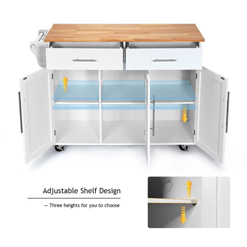 Pemberly Row MDF & Rubber Wood White Kitchen Island Trolley Cart w/ Knife Block