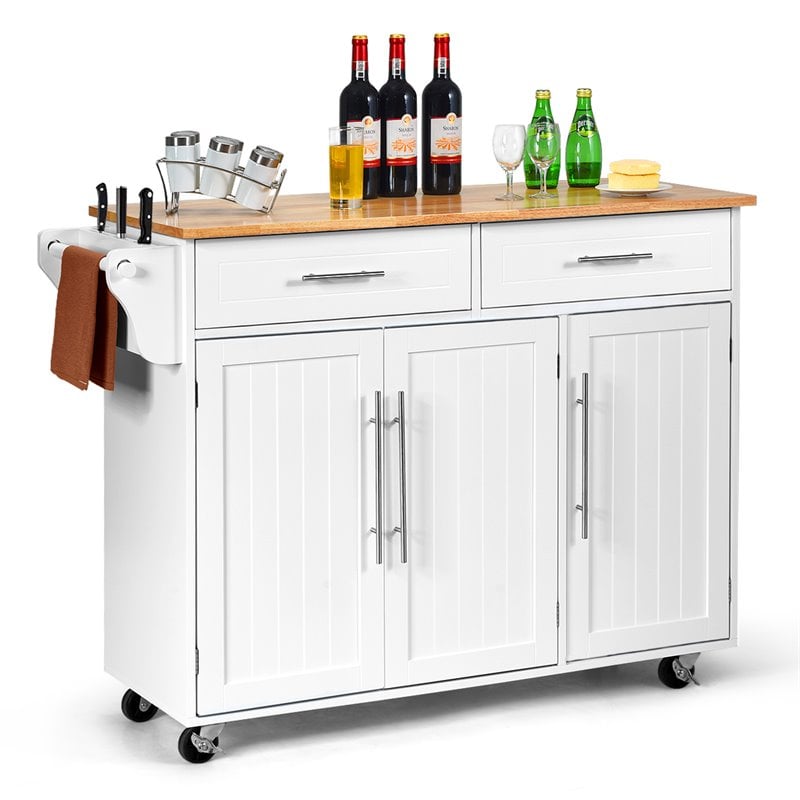 Pemberly Row MDF & Rubber Wood White Kitchen Island Trolley Cart w/ Knife Block